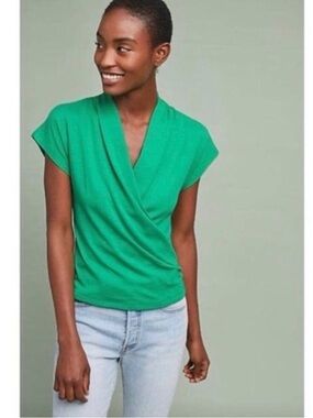 Maeve for Anthropologie Kelly Green Short-Sleeve Wrap Top